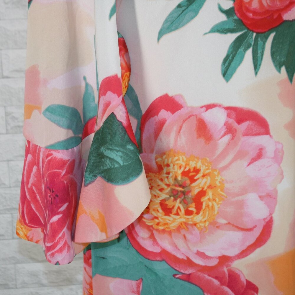 CALVIN KLEIN Ember Multi Dress Floral Bold Colorful Bell Sleeves V-Neck Orange 2 - Picture 3 of 16